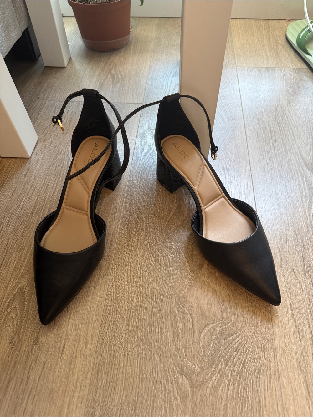 Aldo Black Pointed Ankle-Strap Block Heels